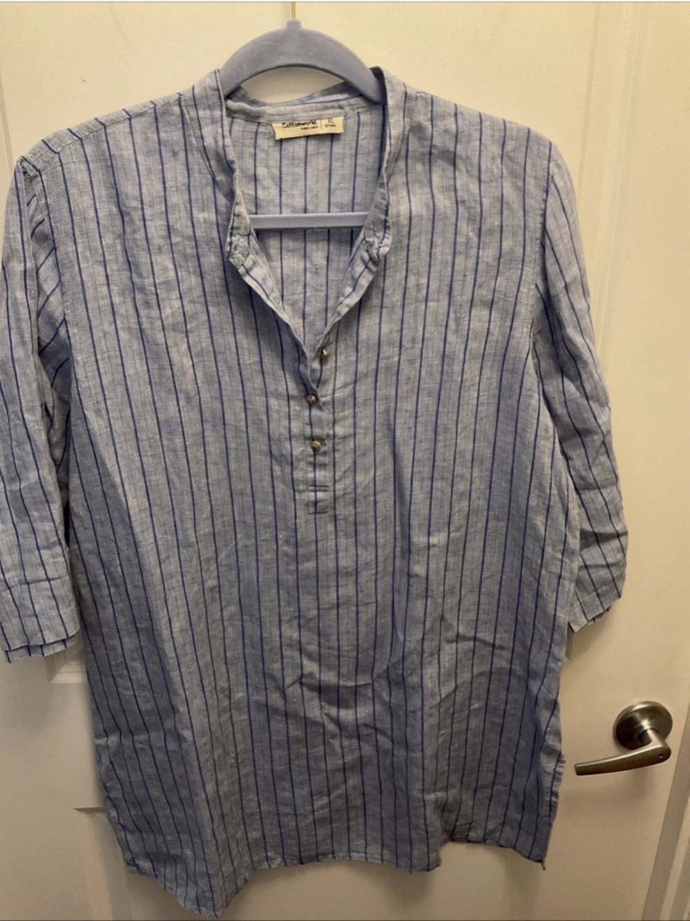 Cottonworld Light Blue Striped Linen Shirt - Casual Henley